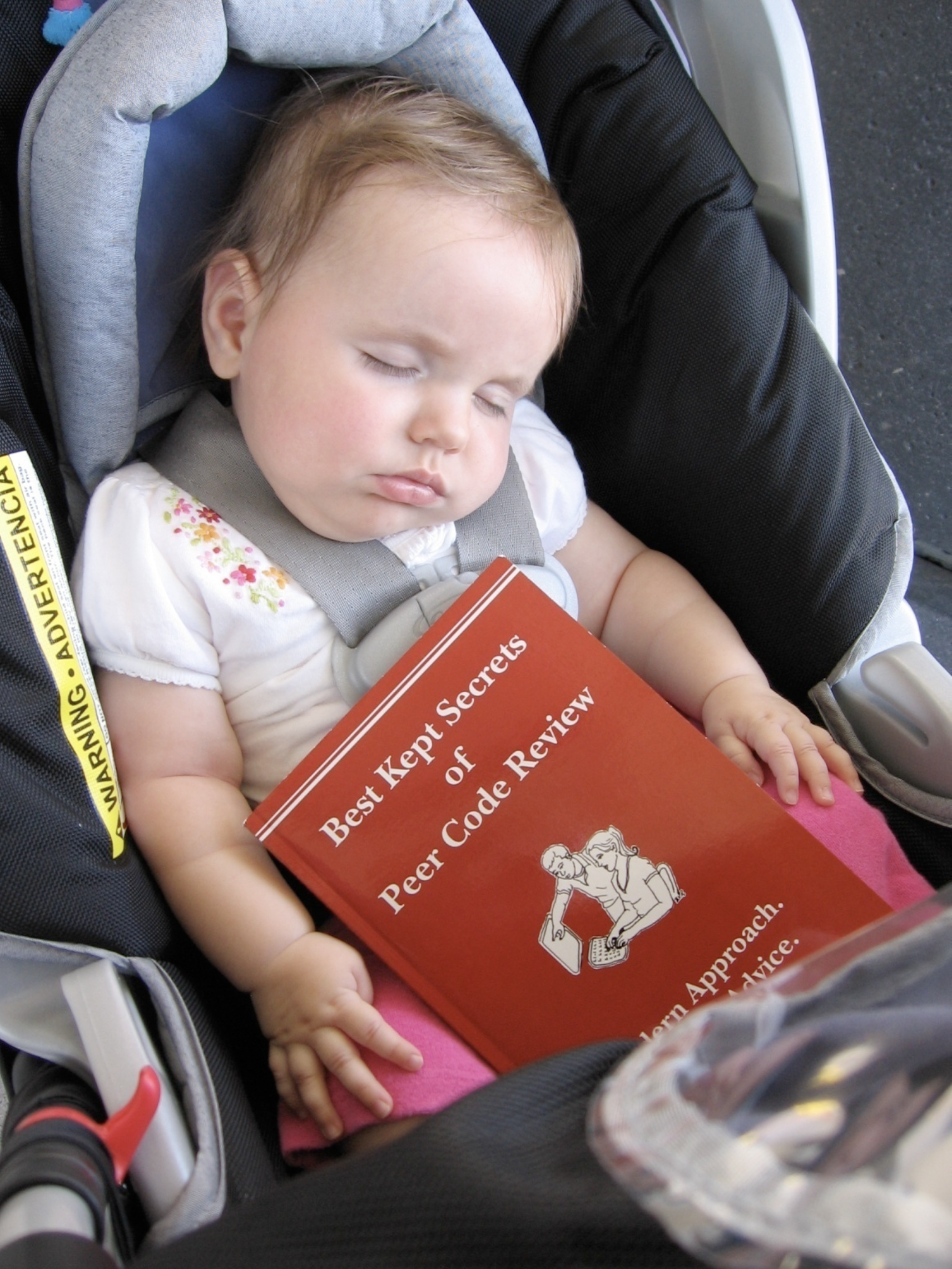 Sleeping baby holding the book "Best Kept Secrets of Peer Code Review" by Jason Cohen